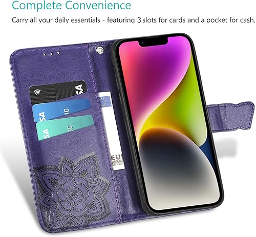 Miniatura 3 de Funda tipo cartera para iPhone 14, en relieve de mariposa y flores Funda de cuero tipo cartera con tapa protectora con ranuras para tarjetas y
