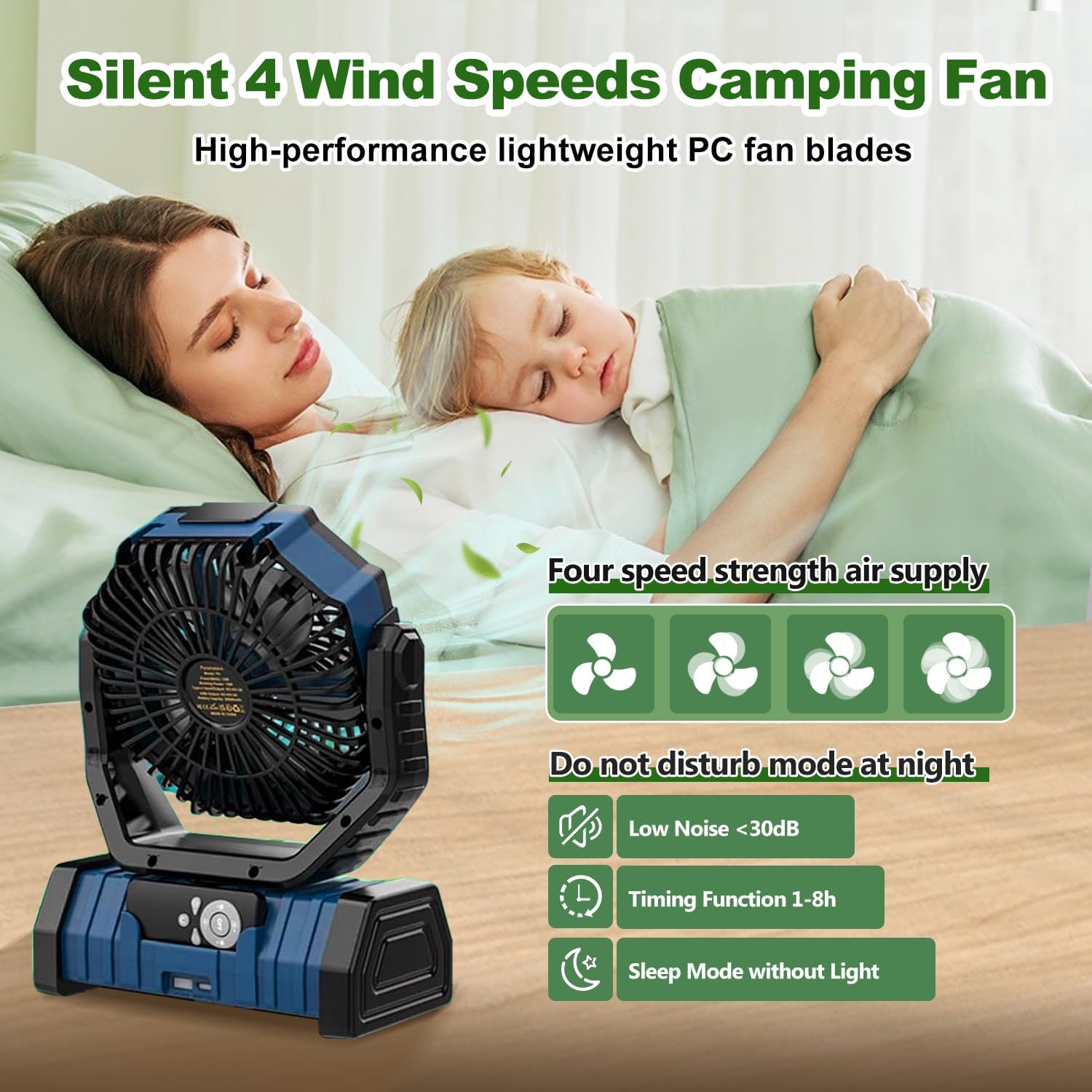 Camping Fan Rechargeable, F6 20000mAh Portable Outdoor Fan with LED Lantern, Cordless Battery Powered Operated , 360° Hanging Hook , 4 Speeds Desk Fan for Travel , Tent , Fishing , Beach (Blue)
