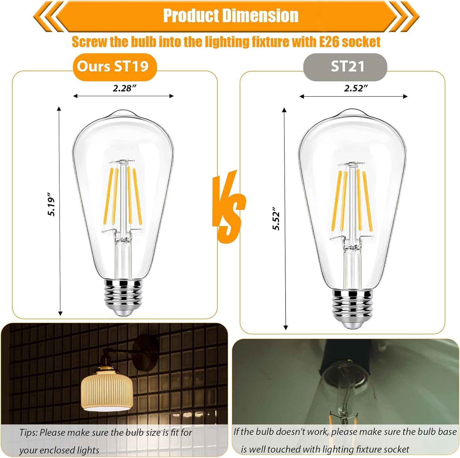 12 Pack Dimmable LED Light Bulbs 40 Watt Equivalent, ST19 Vintage E26 Edison Bulbs, 2700K Soft Warm White 4W LED Bulbs, Antique Filament Decorative Light Bulbs for Light Fixtures