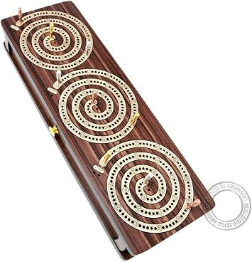 House of Cribbage - 3 Track - Spiral Design Continuous Cribbage Board/Box Inlaid in Rosewood/Maple Wood - Separate Storage Space for Two Deck of Cards & Pegs