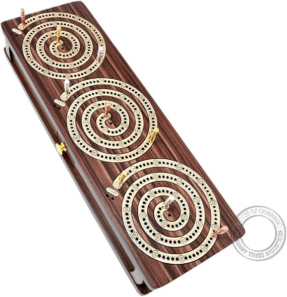 House of Cribbage - 3 Track - Spiral Design Continuous Cribbage Board/Box Inlaid in Rosewood/Maple Wood - Separate Storage Space for Two Deck of Cards & Pegs
