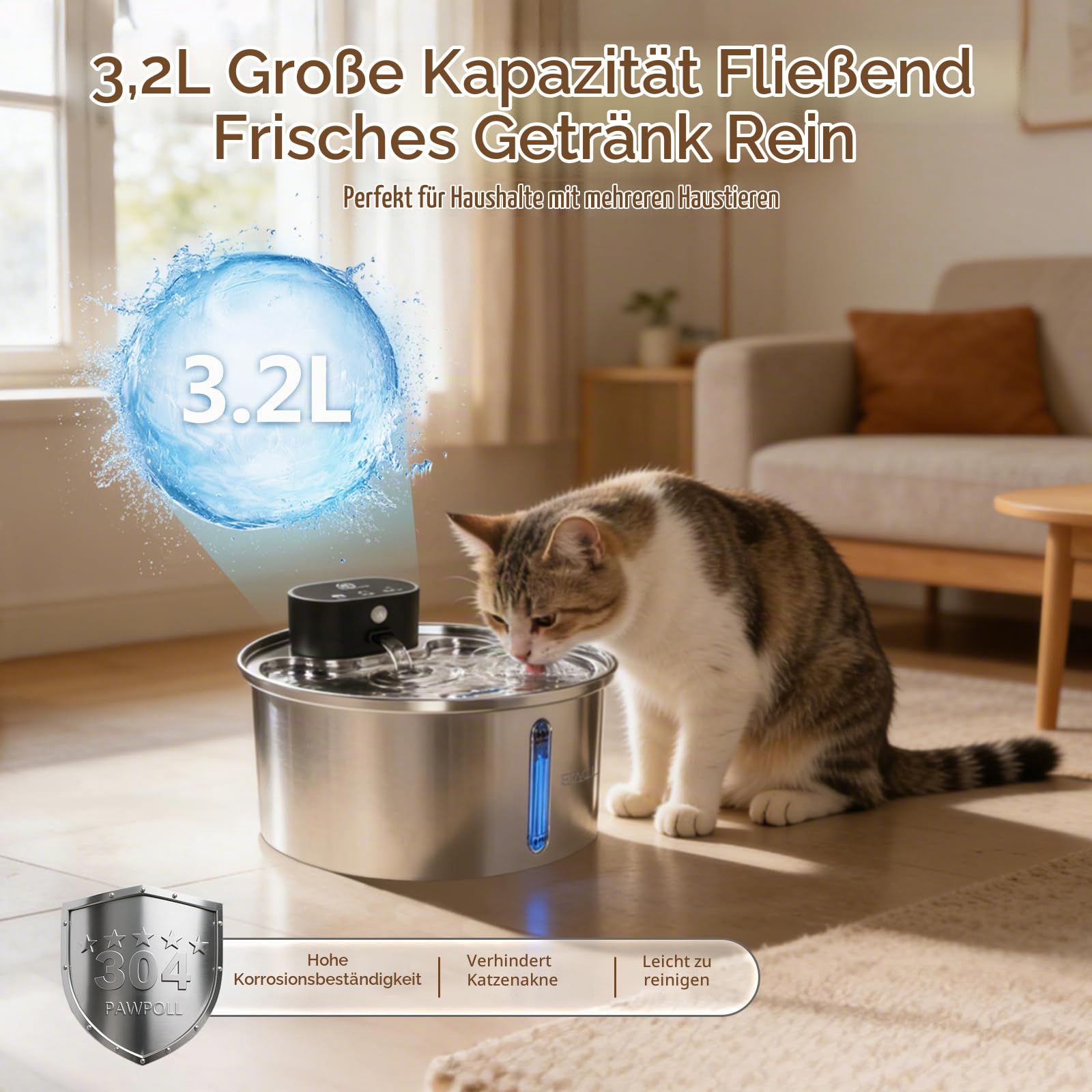 ETACCU Trinkbrunnen für Katze Kabellos, 3.2L Katzenbrunnen Edelstahl mit 3m Bewegungsmelder, 5000mAh Batteriebetrieben, Leise Wasserpumpe, Katzenbrunnen für Katzen und kleine Hunde