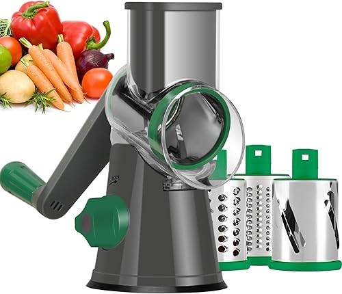 Miniatura 11 de Ourokhome rallador giratorio de queso con manivela manual, triturador de cocina con mandolina de velocidad, rallador de hielo con mango y cuchillas