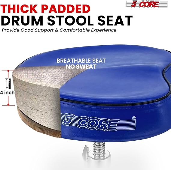 5 CORE Drum Throne 4 Padded Saddle Style Heavy Duty Drummer Stool Widened Seat with Swivel Height Adjustable 27 Inch Double Braced Chair Blue - DS CH BLU SDL HD