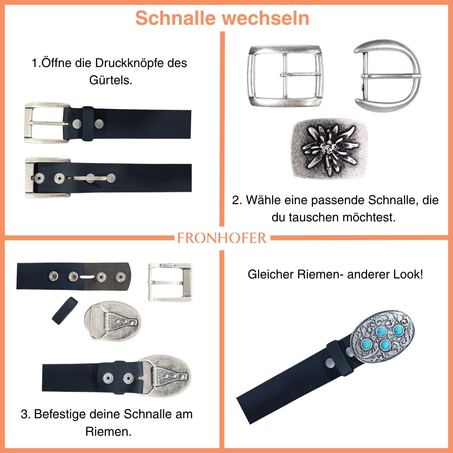 FRONHOFER Herren Ledergürtel Büffelleder 4 cm mit Totenkopf Gürtelschnalle antiksilber 8 x 5,5 cm 92 g, Druckknopfsystem, Statement Accessoire rockig, Made in Germany