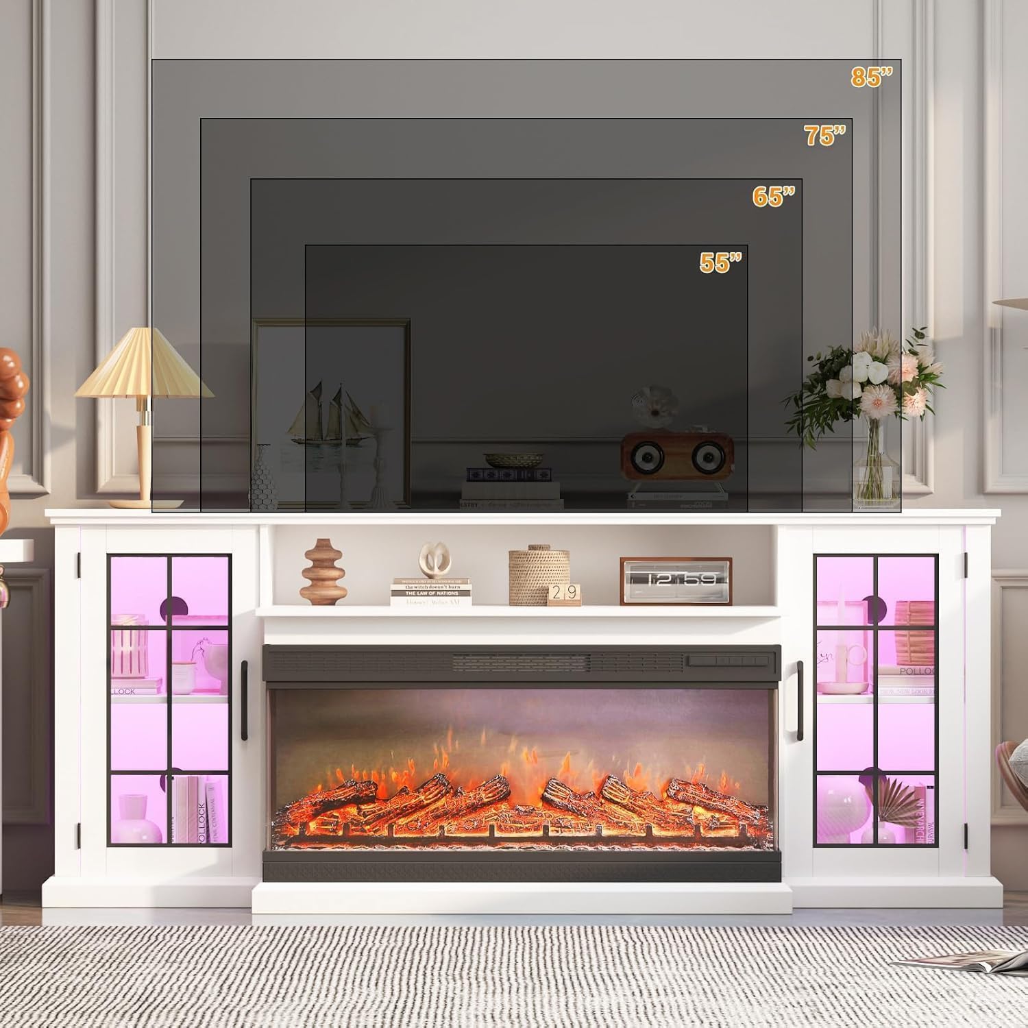 75'' Fireplace TV Stand, White Modern TV Stand with Electric Fireplace – 40" Heater, Adjustable LED Flame Effects and 12 Flame Colors, 2-Tier Storage & Cabinets