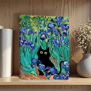 Van Gogh Irises Canvas Framed Wall Art, Famous Oil Paintings Garden Flower Cat Poster, Funny Cat Floral Print Colorful Abstract Farmhouse Gallery Aesthetic Room Wall Decor for Bathroom