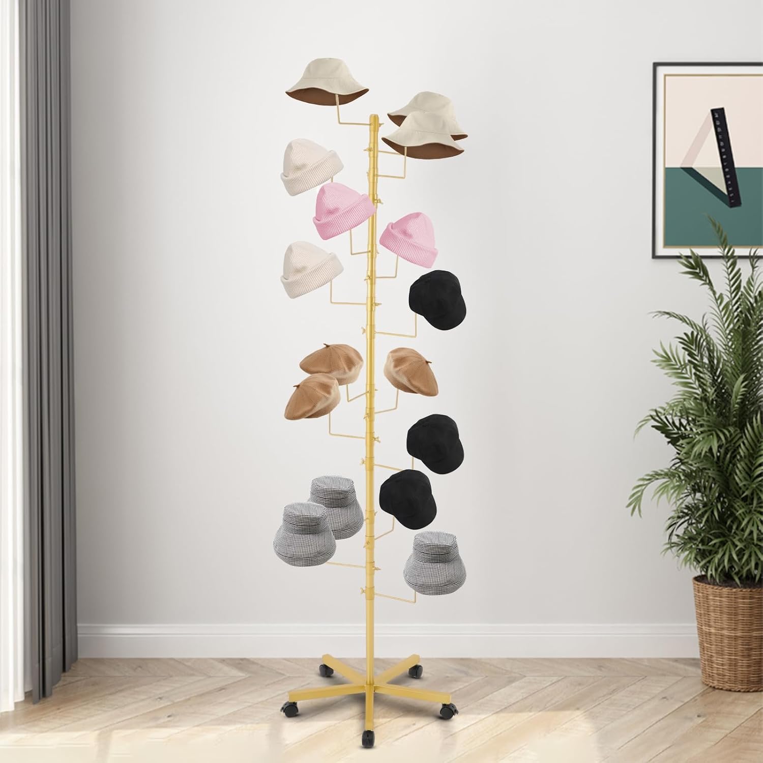 Hat Rack Stand, Freestanding Hats Rack Stand 15 Hooks Hat Display Stand Metal with 5-way locking wheel Metal Floor Rack for Hats and Wigs (Gold, 20 in)