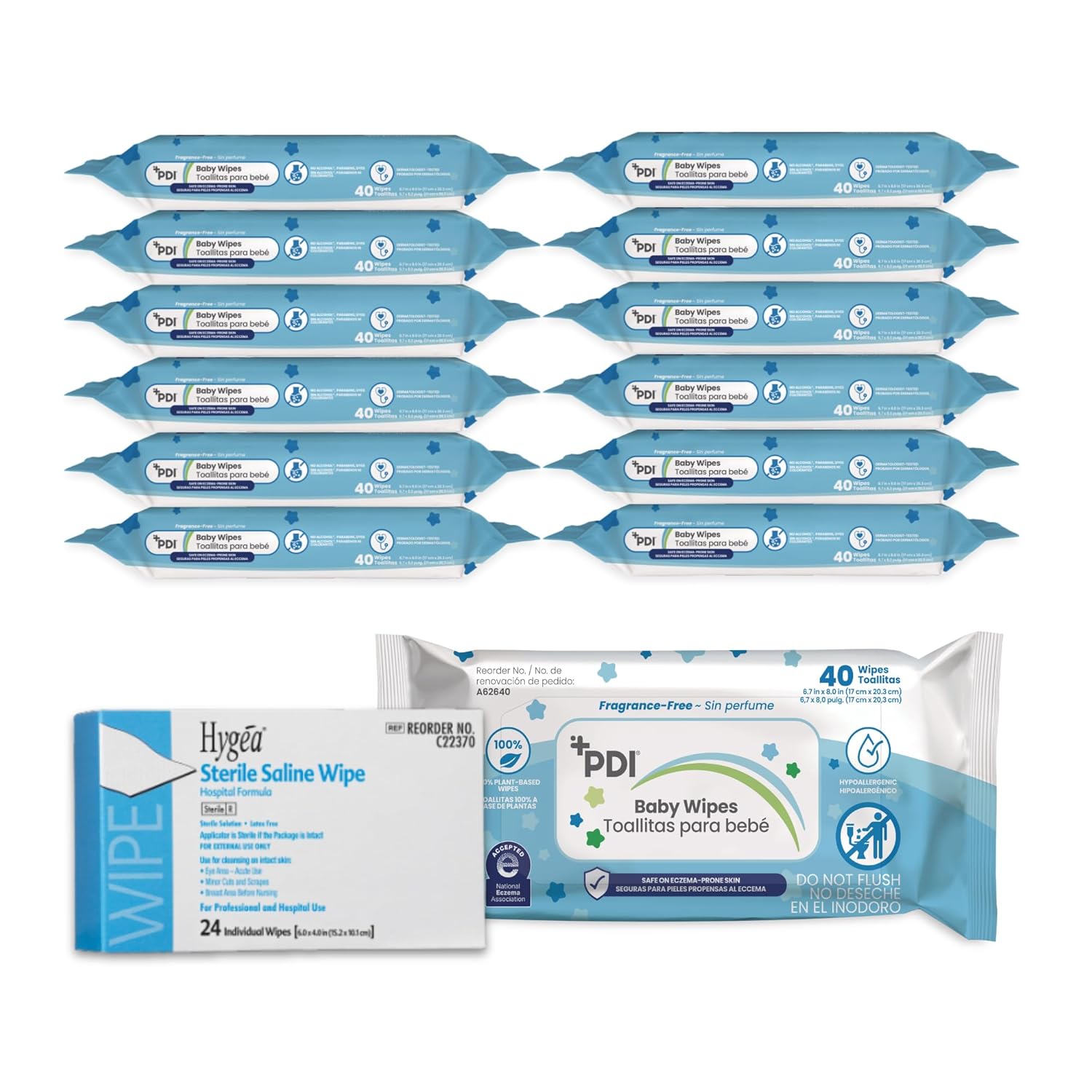 Sterile Saline Wipes and PDI Baby Wipes 480 Count Bundle, 1 Box of Sterile Saline (24 Total Packets), 12 Packs of 40 Hypoallergenic Baby Wipes (480 Total Wipes), Diaper Bag Essentials