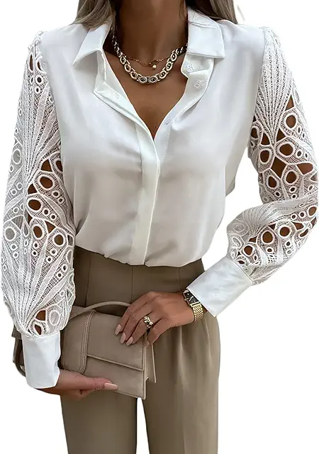 Camicia Donna Elegante in Pizzo con Manica Lunga e Scollo a V - Blusa da Ufficio Casual