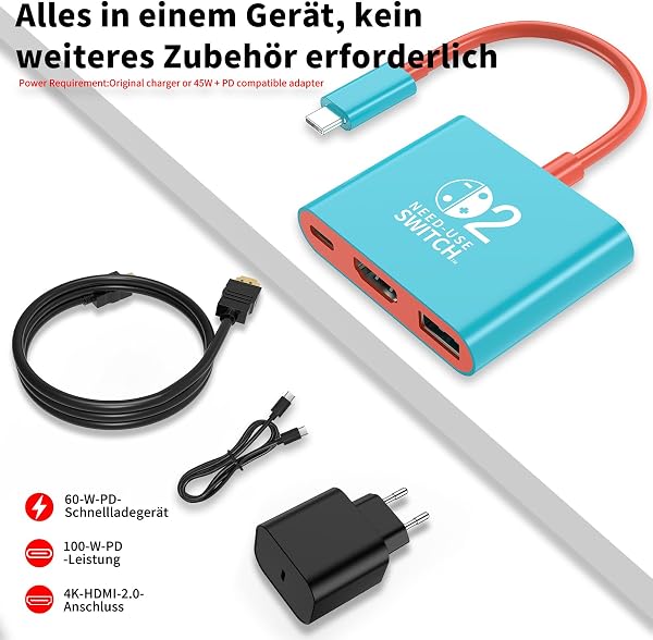 Switch 2 Dock with 60W Charger and HDMI Cable, Portable Switch 2 Dock Replacement for NS2 Official Dock, Supports 4K/60Hz TV Mode, HDMI 2.0, PD 100W Fast Charging, USB 3.0 - 2