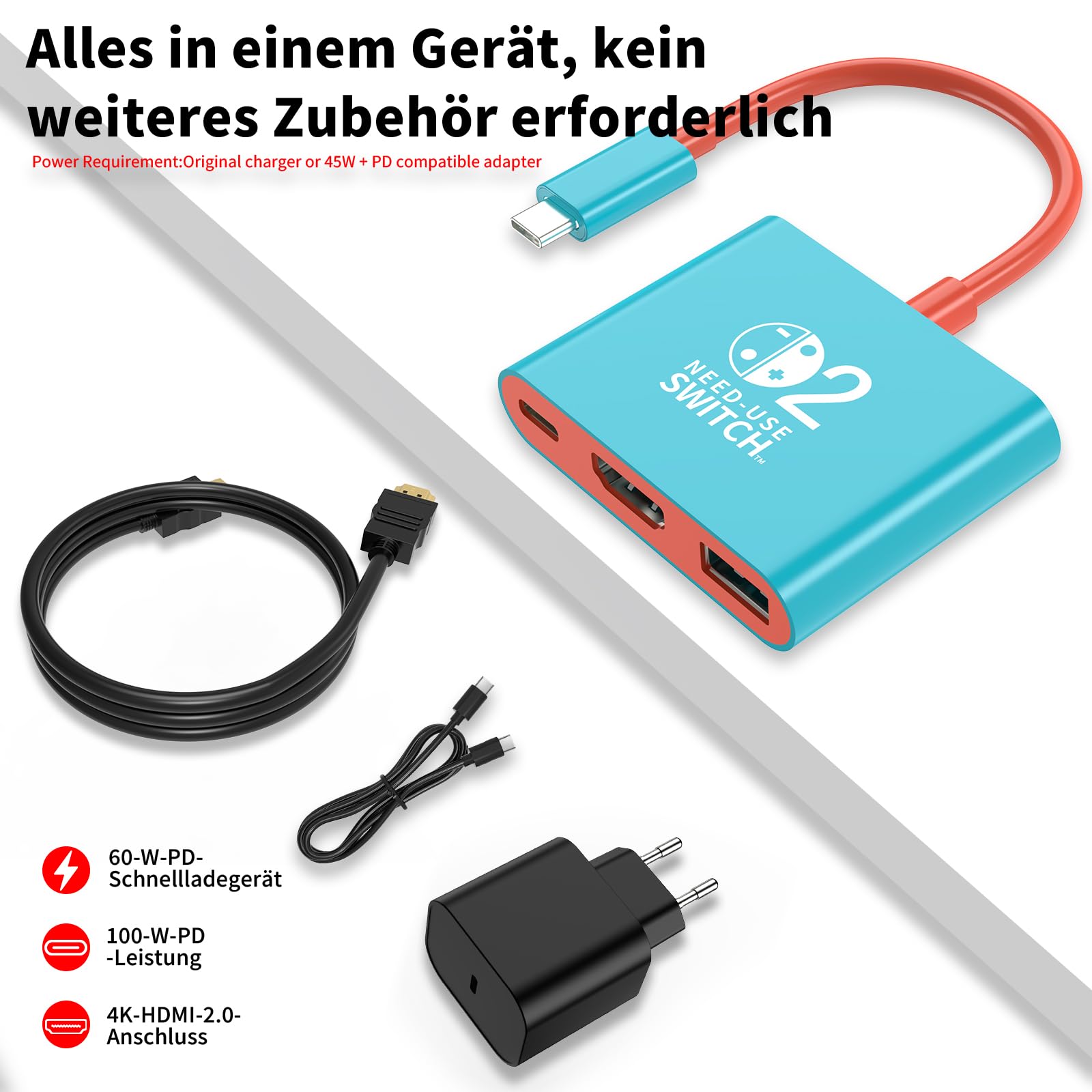 Switch 2 Dock with 60W Charger and HDMI Cable, Portable Switch 2 Dock Replacement for NS2 Official Dock, Supports 4K/60Hz TV Mode, HDMI 2.0, PD 100W Fast Charging, USB 3.0 - 3