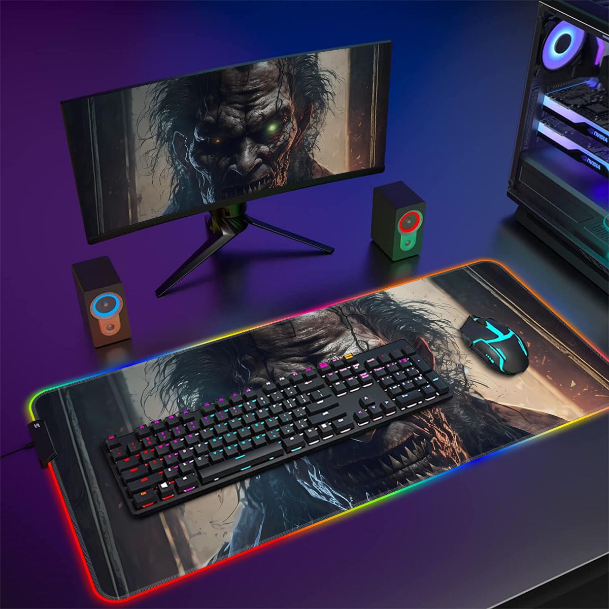Tappetino per mouse da gioco Horror Art LED XL grande tappetino per mouse ROG esteso grande tappetino per mouse da scrivania (80 x 30 x 0,3 cm) con bordi cuciti impermeabile per PC e laptop