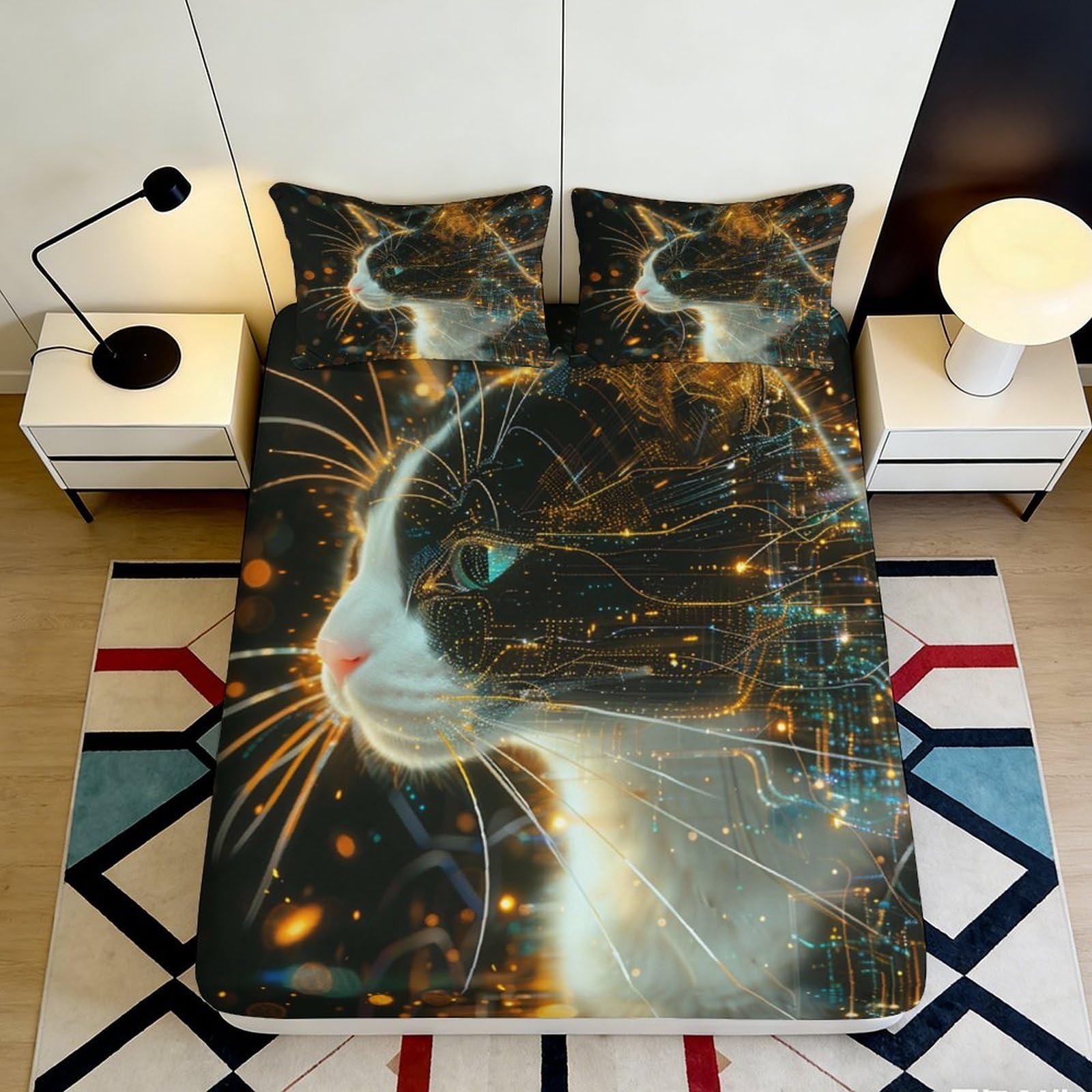 3D Printed Cyber Cat Fitted Sheet Microfiber Soft Decorative Neon Circuit Bed Cover for Bedroom Dorm Mattress Protection 90x200x25cm