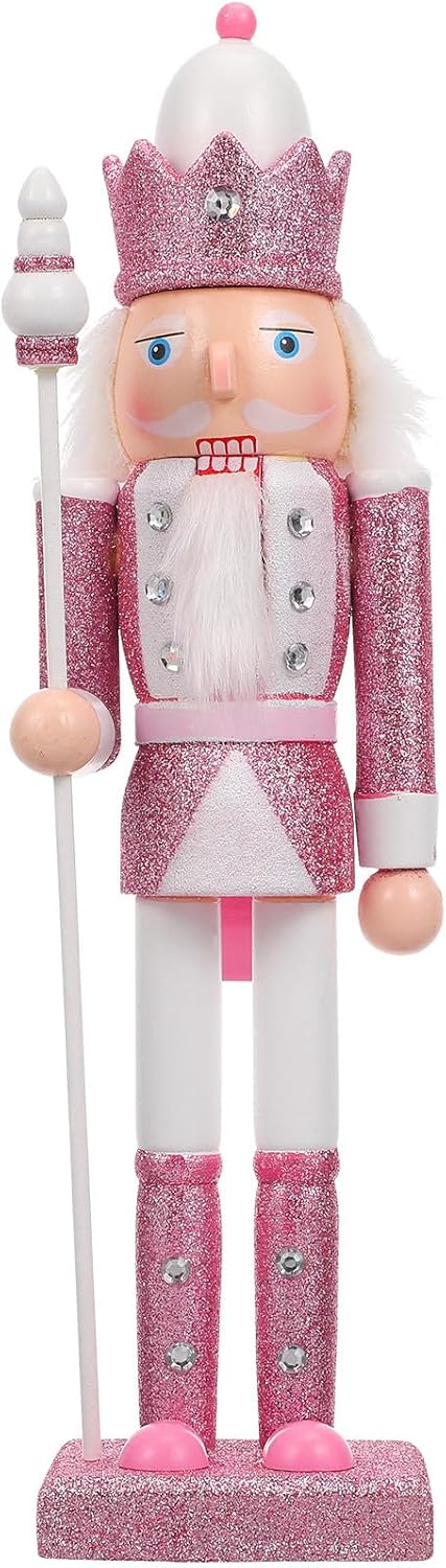 Toyvian 12 Inch Pink Wooden Nutcracker Christmas Decor, Wooden Walnut Soldier Figurine Christmas Tree Decoration Desktop Ornament Holiday Decor
