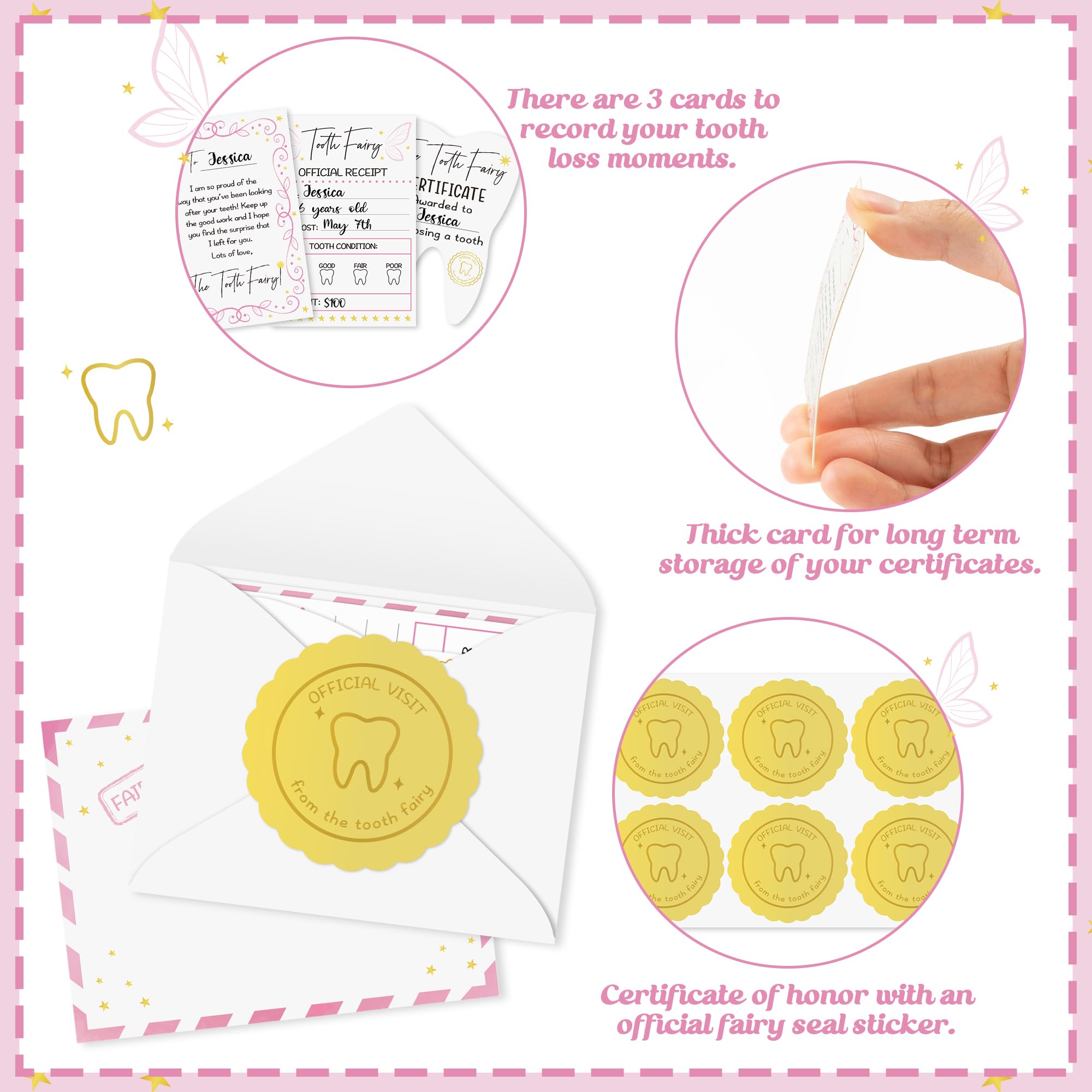 Mini Tooth Receipt Set - 20 Set Pink Tooth Cards with Envelope and Fairy Letter for Kids, Lost Teeth Certificate Keepsake Postmark Gift Bag with Seal Stickers for Girls Boys Home School Award