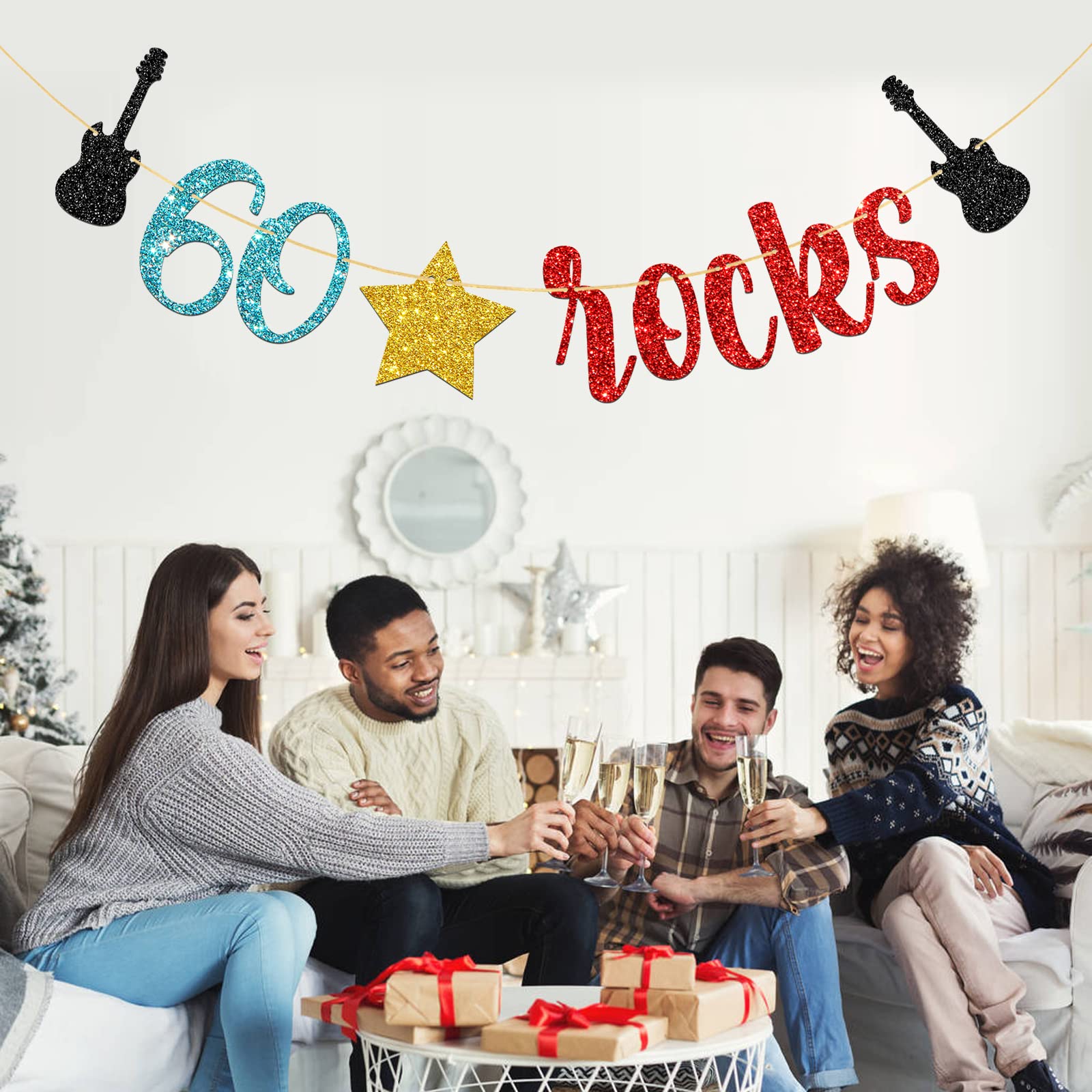 60er Jahre Geburtstags-Banner „Rock & Roll“ – Glitzernd, Für 60. Geburtstagsparty