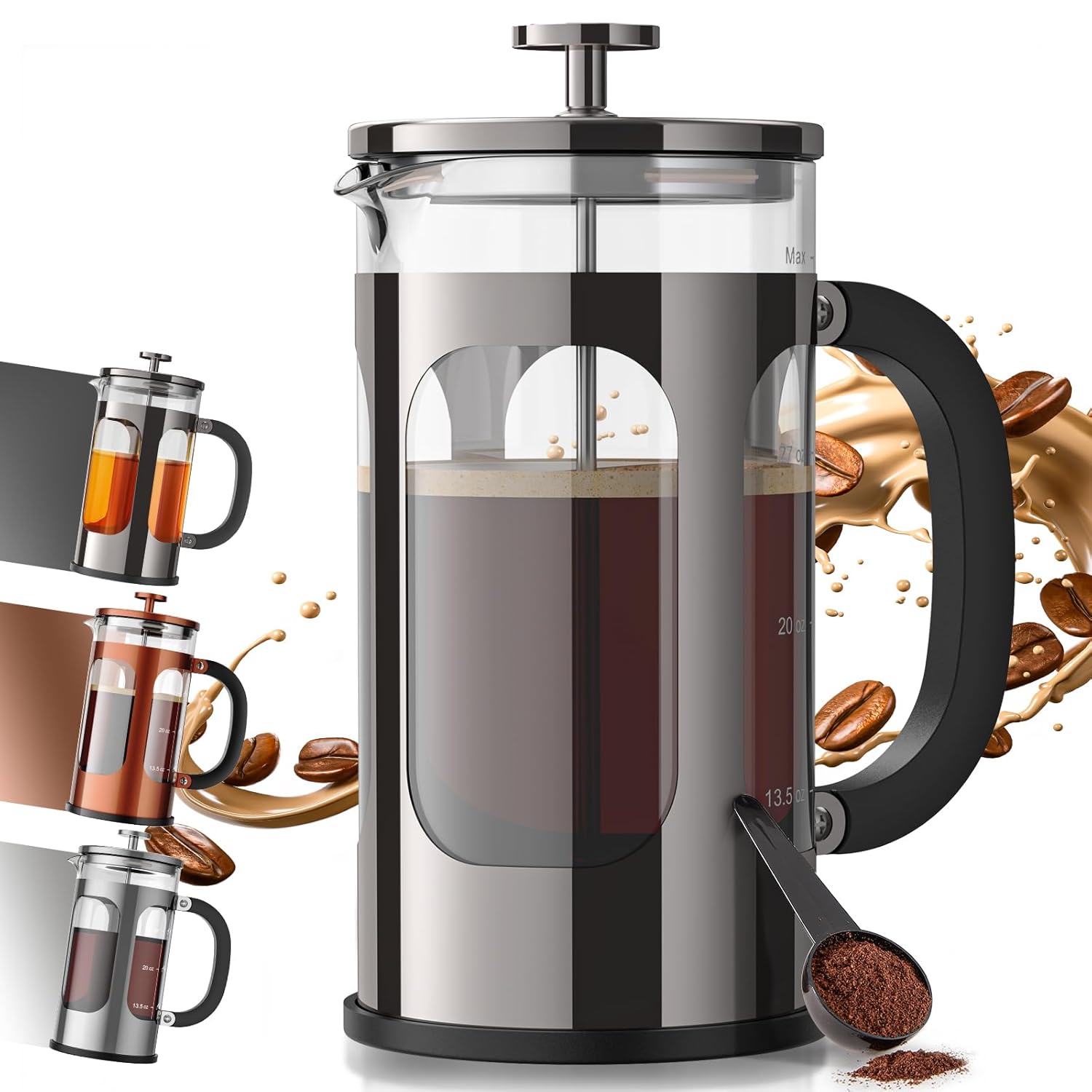 Veken French Press Coffee Maker 34oz 1 L, No Plastic Touching Cafe, Heat Resistant Thickened Borosilicate Glass, Stainless Steel Brewer,Cold Brew Cafetera Teapot for Kitchen Travel Camping,Dark Pewter