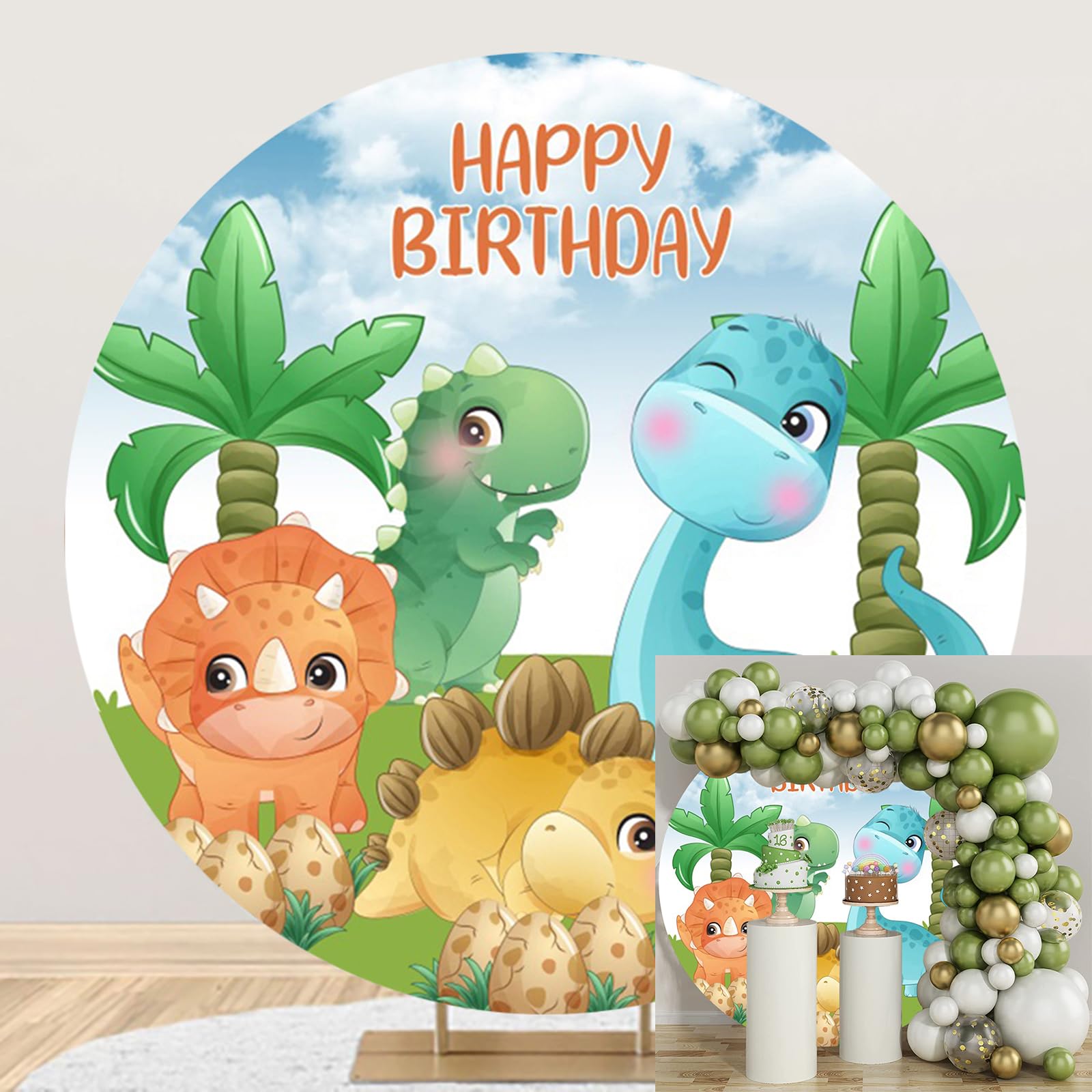 Sfondo Carino Dinosauro 200cm Buon Compleanno Cartone Animato Rotondo per Fotografia Acquerello Cocco Albero Uovo Fotografia Studio Prop