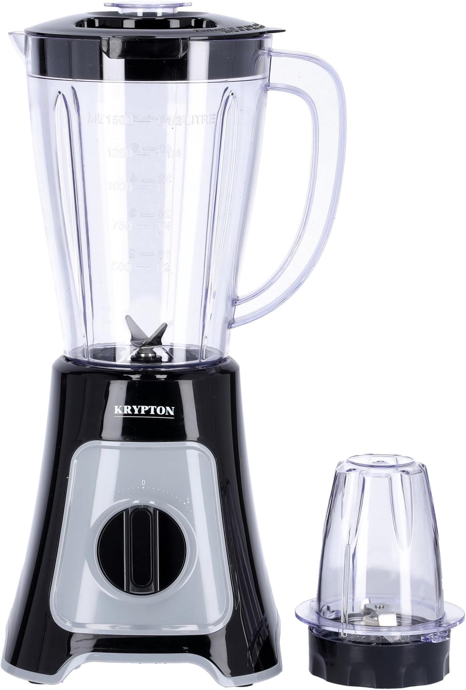 Krypton 2-in-1 Blender- KNB6125| 400W Powerful Copper Motor and Sharp Blade| Transparent Plastic Jars with Stainless Steel Blades| 2 Speed Settings with Pulse| 1.5 L Jar and Grinder Attachment| Black