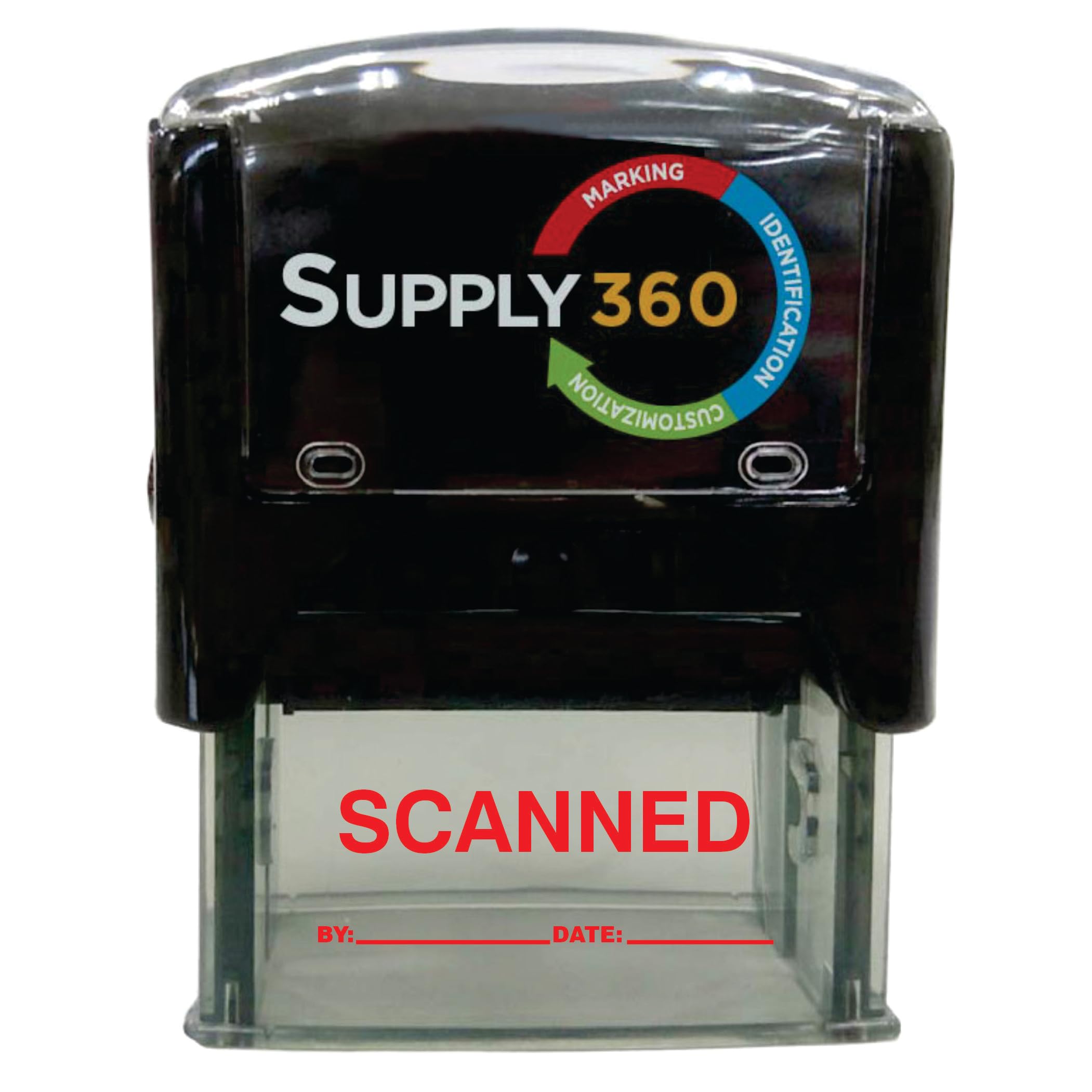 Imprint 360 Scanned Stamp With By: & Date: - Self-Inking Rubber Stamp, Red Ink, 9/16" X 1-1/2"