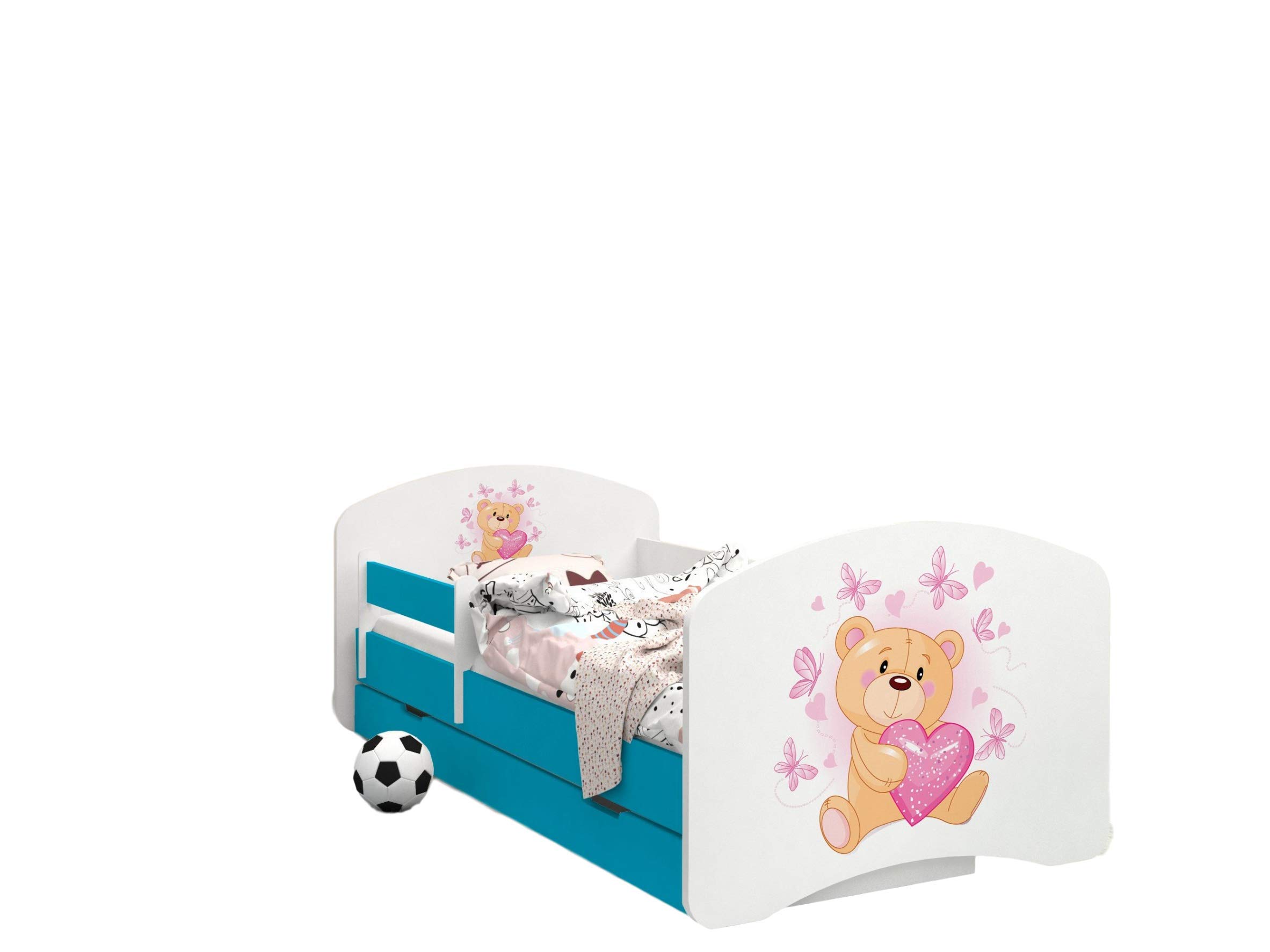 Happy Babies – dwustronne łóżko dziecięce z szufladą Nowoczesne wzornictwo z bezpiecznymi krawędziami i zabezpieczeniem przed upadkiem materac piankowy 7 cm niebieski (miś w miłości, 140 x 70)