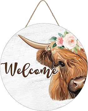 Welcome Sign Hanging Ornaments, Floral Highland Cow Theme Hanging Ornaments, Funny Wall Art, Front Door Home Decor 12X12 Inch