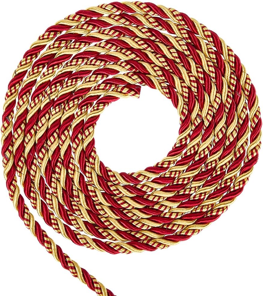 9.3 Yards 8MM Red Gold Braid Cord Trim Decorative Twine Braid Polyester Silk Honer Rope Xmas Thread String Satin Cord Trim for Home Decor Curtain Tieback Upholstery Graduation Crafts DIY