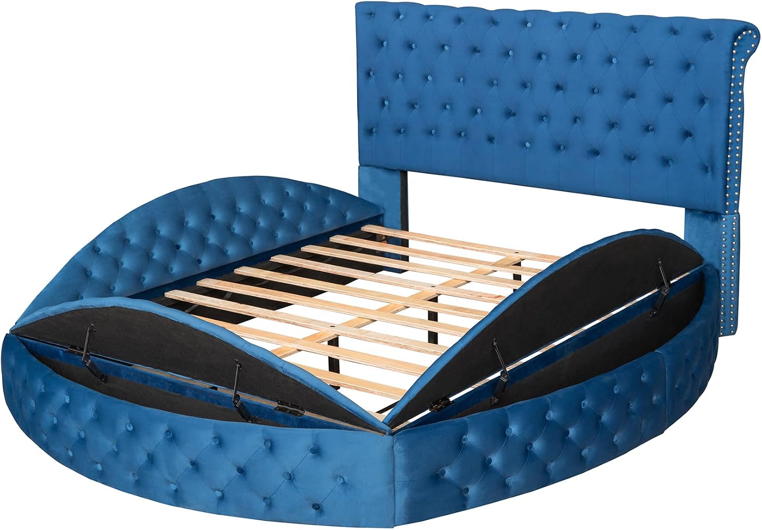 Bellemave Round Upholstered Queen Beds with Storage Modern Velvet Platform Bed with Deep Button Tufting Headboard and Footboard Tufted Bed with Storage Compartments in Rails and Ottoman, Blue
