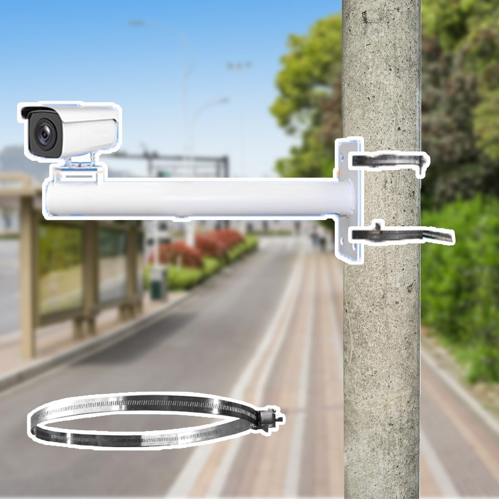 Aioneer Single Adjustable Outdoor Security Camera Pole With Cross Arm & Clamp, Extra-Long 1.0-2.0M Versatile Surveillance Mount For Traffic Cameras - 0.5 M(1.64 Ft)