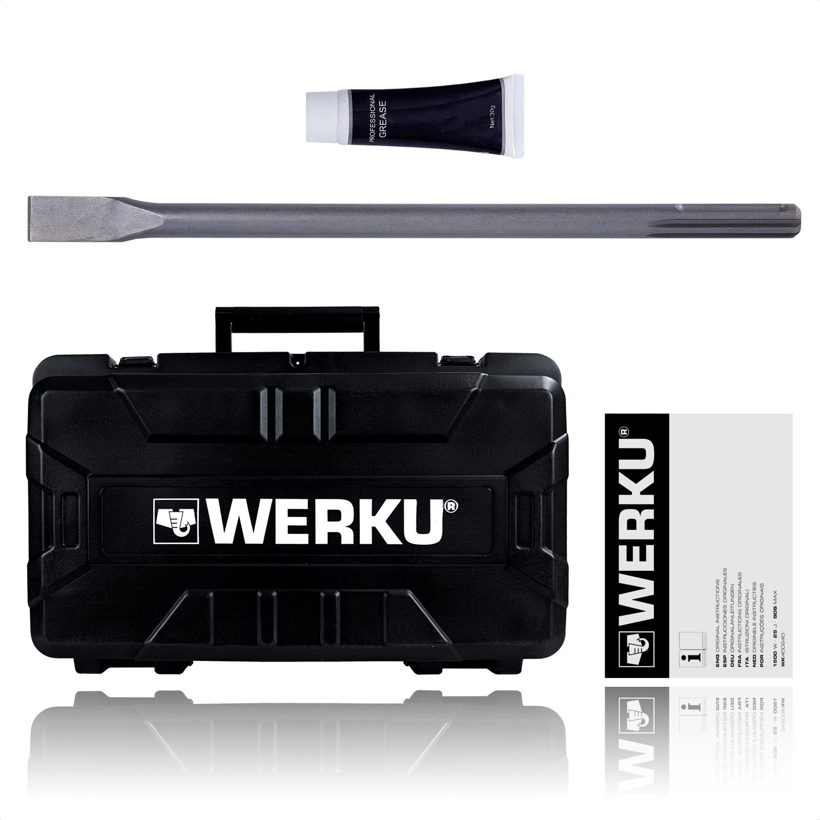 Werku WK400240, Martillo Demoledor, Calidad Profesional, Potencia 1500 W, Energía Impacto 25 J, Portabrocas SDS-Max, Sistema Antivibración, Incluye Maletín y Cincel