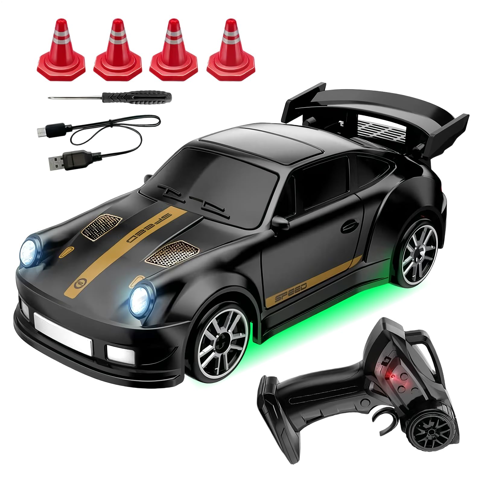 Yulokdwi RC Drift Car, 1/64 Scale 4WD Desktop Remote ControlCar With Roadblock Barrels,2.4 GHz RC DriftCar,Ergonomic Realistic Racing Auto For Teens Boys Girls