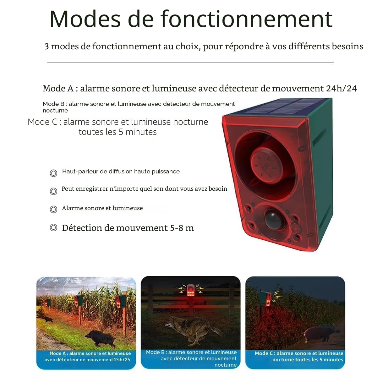 Alarme de détecteur de Mouvement Solaire extérieur - aboiement de Chien et Coup de feu, générateur de Bruit 130dB avec télécommande, Enregistrement de 20 Secondes, Dites Adieu aux intrus