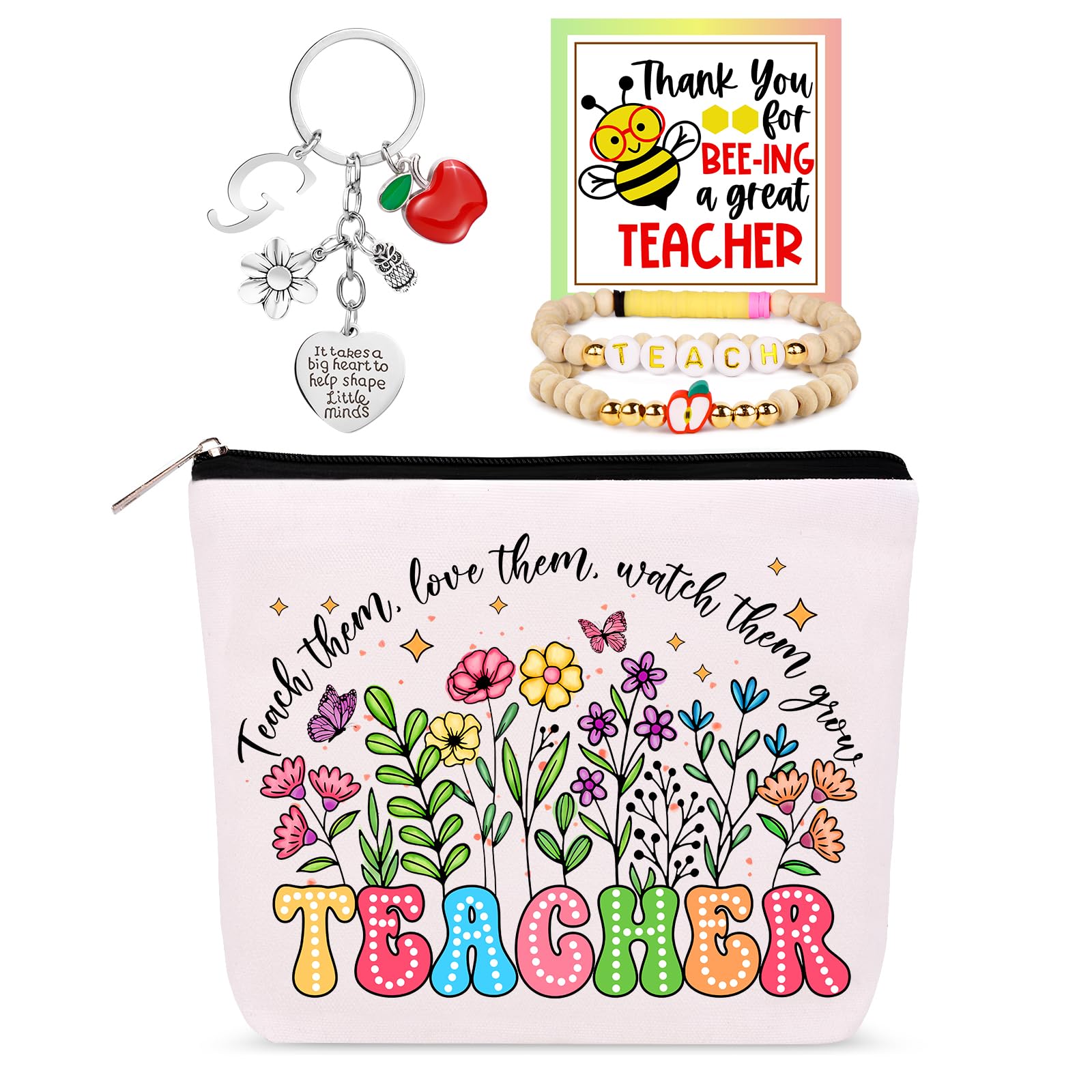 WINOWIMO Personalized Teacher Appreciation Gifts for Women, Thank You Graduation Gifts with Teacher Makeup Bag, Initial Cute Keychain, Teach Bracelets
