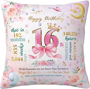 Sweet 16 Gifts for Girls, 16th Birthday Gifts for Girls, 16 Yr Old/16 Year Old Girl Gifts, Happy 16th Birthday Decorations, Best Gifts for 16 Year Old Girl Throw Pillow Covers 18 x 18 Inches