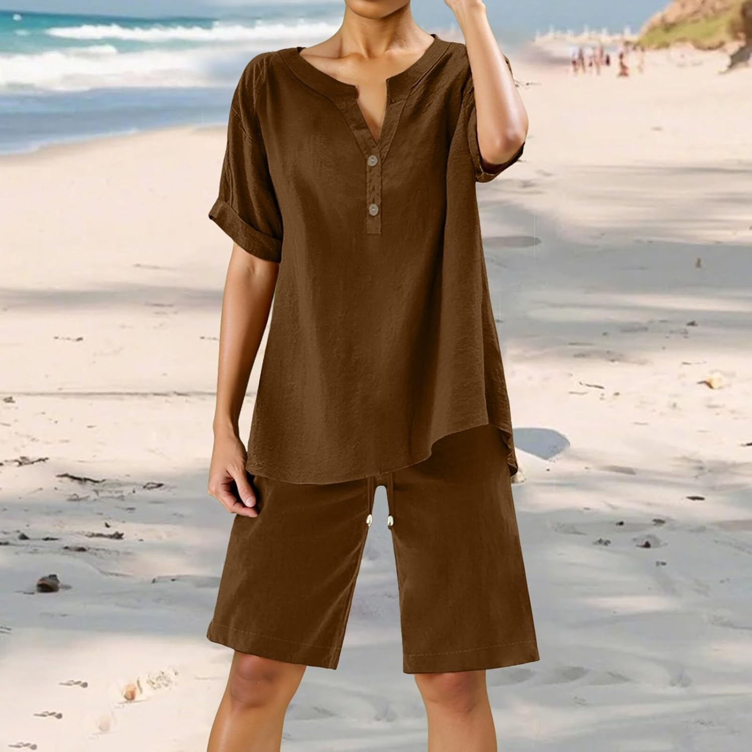 2 Piece Short Sets for Women Summer Beach Holiday Loose Fit Casual Outfits Short Sleeve Shirts Wide Leg Shorts Sets