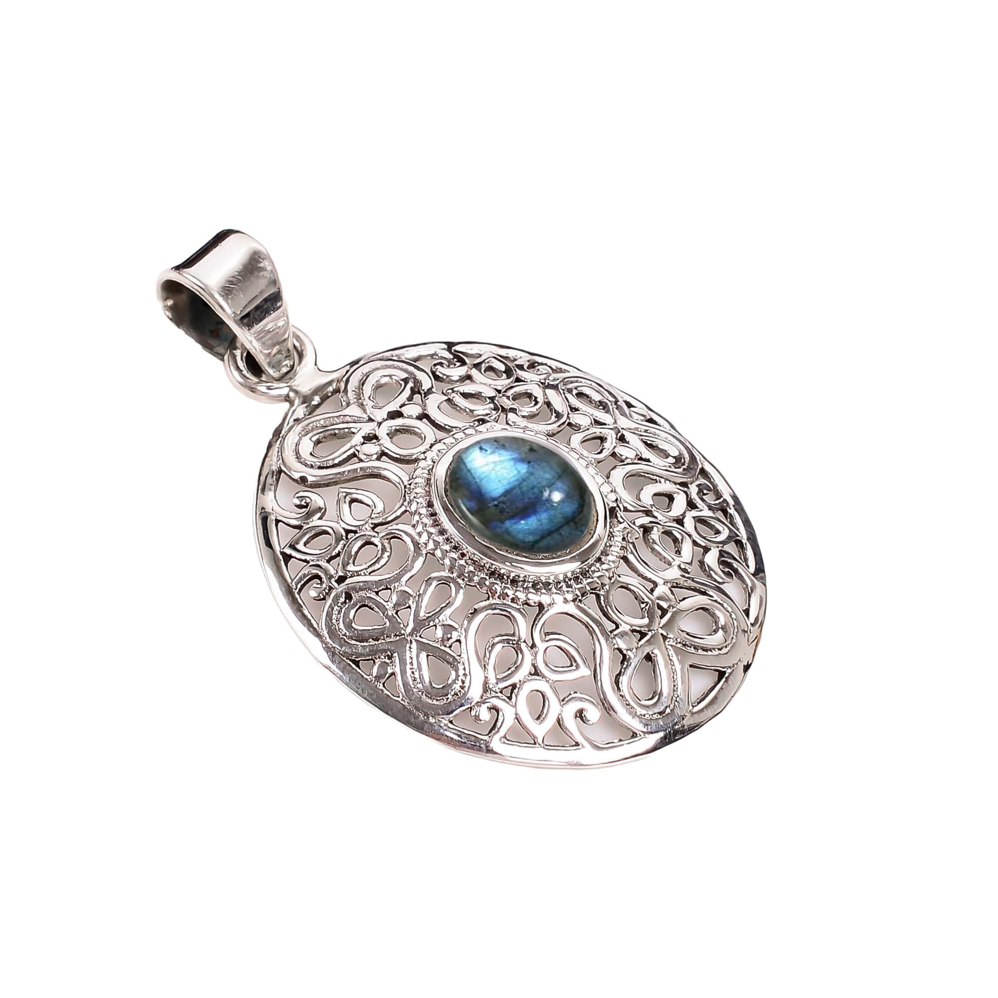 Pendentif en argent sterling 925 avec pierre précieuse ovale naturelle pour femme, collier fait main de style bohème