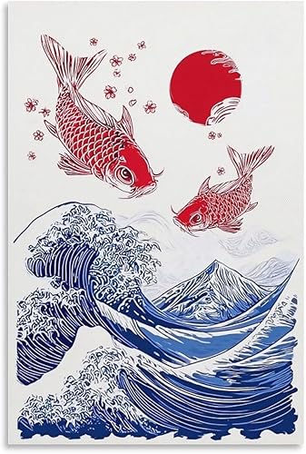 Asian Japanese Great Wave Red Koi Fish Retro Cherry Blossom Poster Canvas Wall Art Decor for Bedroom Living Room Office Bathroom Home Pictures Print disponible en Yaxa Costa Rica