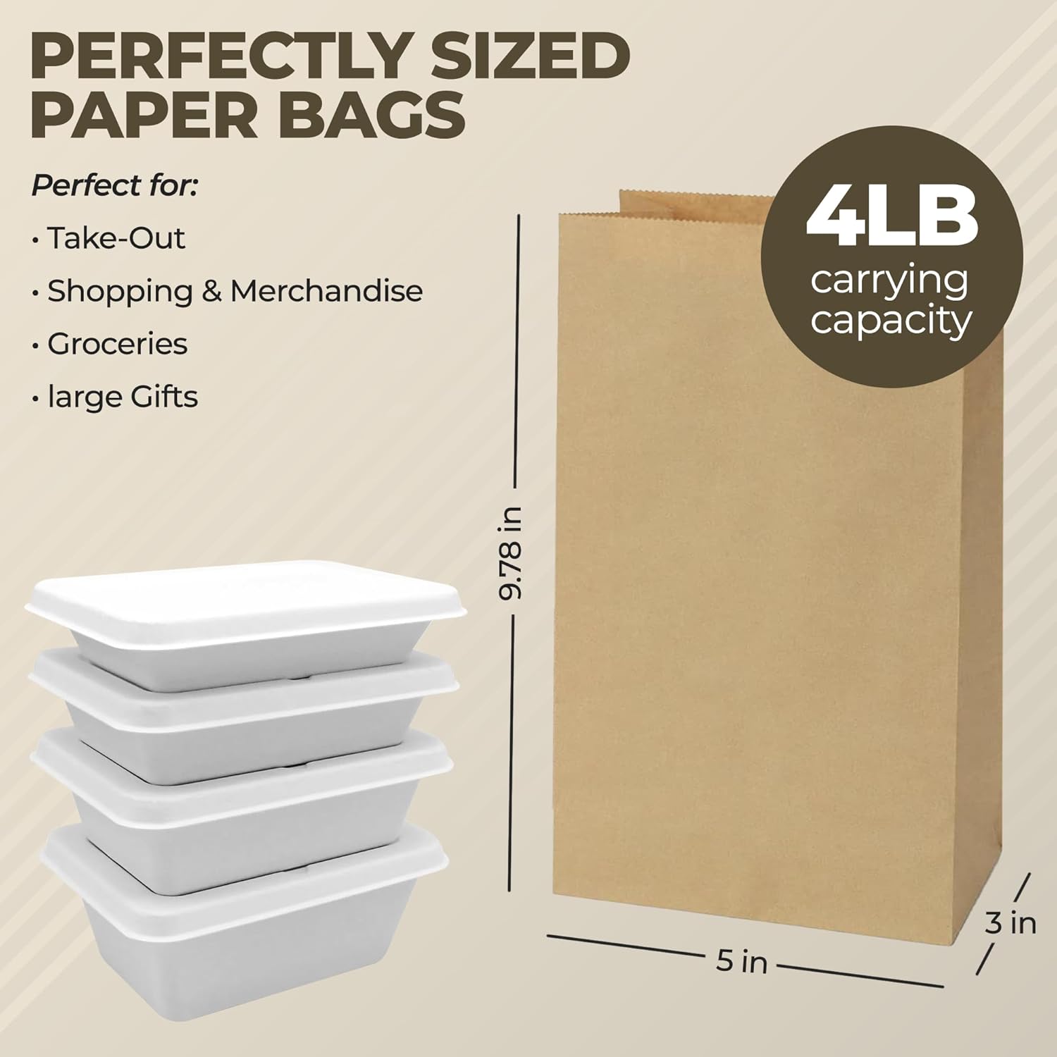 Kraft Brown Paper Lunch Bags | 4 Lb 500 Pack | Disposable Lunch Size Paper Bags for Kids, Small Business, Sandwich Snack Food, Grocery Shopping, Restaurant Supplies, Retail Store