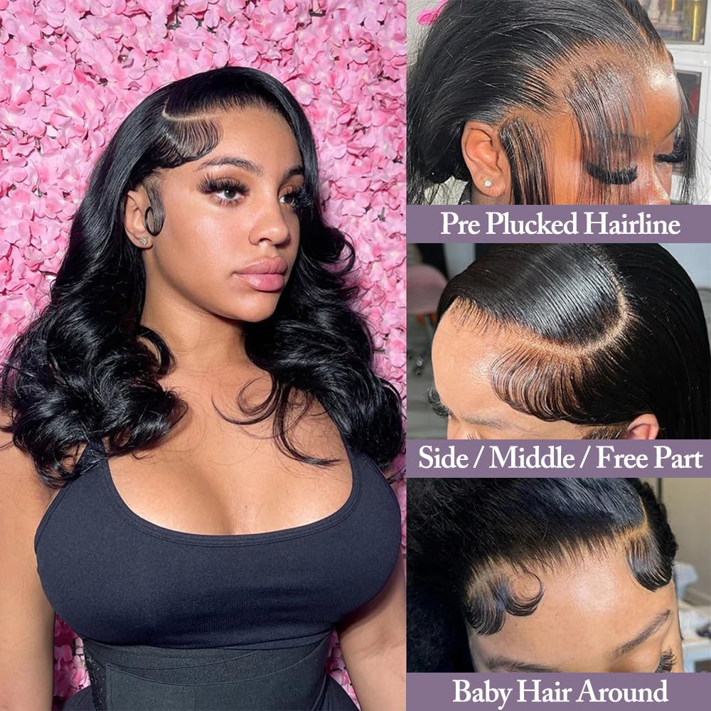 13x6 Lace Front Wigs Human Hair 12inch Bob Wig Human Hair 180 density Body Wave HD Transparent Lace Wigs Pre Plucked Glueless Bob Wig for Women