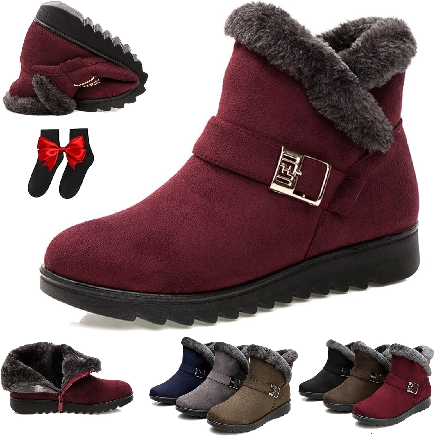Women's Winter Warm Fur Lined Snow Boots,Buckle Suede Waterproof Zipper Anti-slip Warm Snow Short Booties,Winter Boots for Women Fashion Dressy