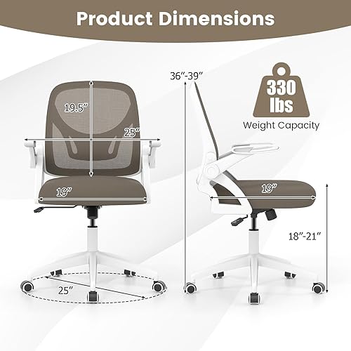 Miniatura 3 de COSTWAY Silla de oficina, cómoda silla giratoria de escritorio con altura ajustable y reposabrazos abatibles, sillas ergonómicas de malla para