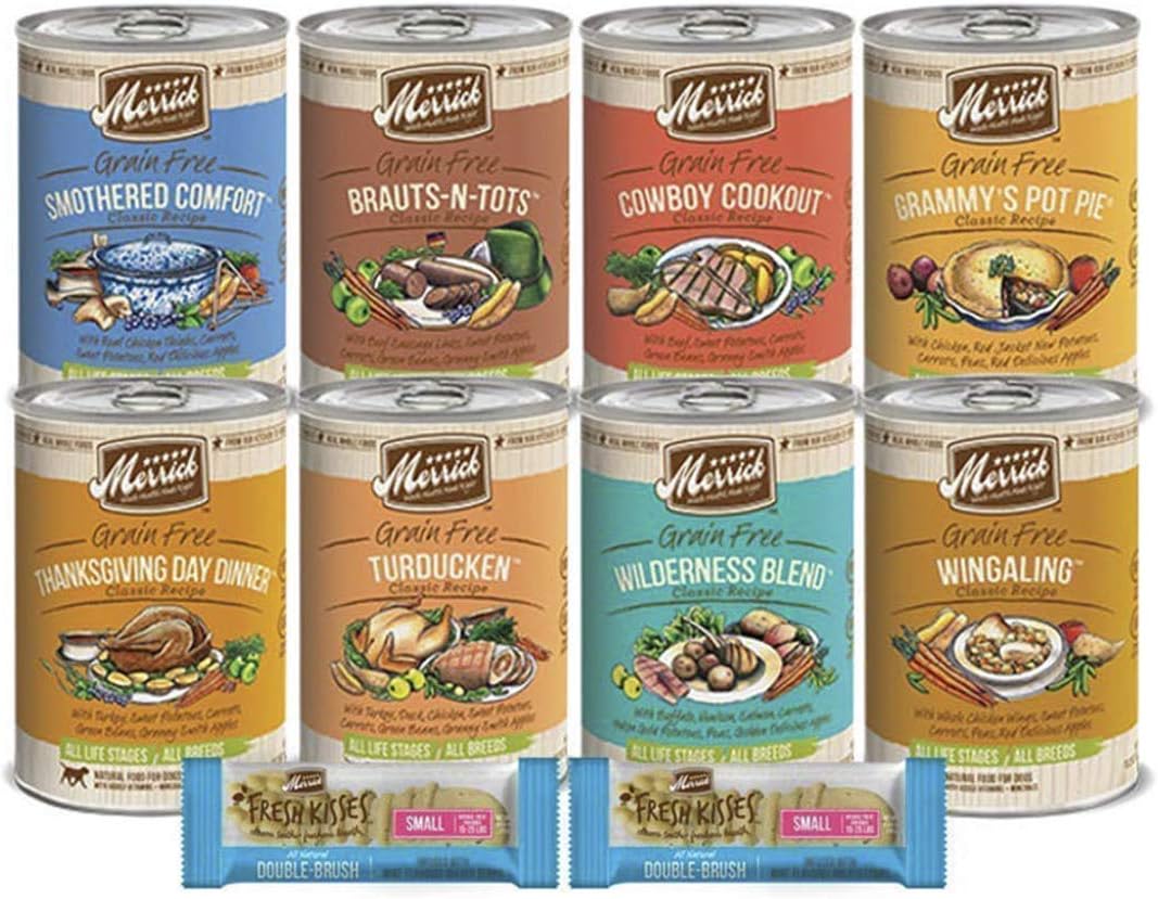 Merrick Grain Free Dog Food-12 Item Variety Bundle 8 Wet Canned For All Breeds 8 Flavors Real Deboned Meat 2 Dental Care Treats 1 Pet…