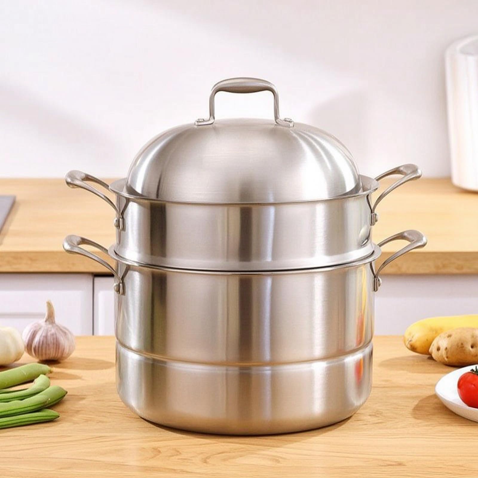 Vaporiere Acciaio Inox Pentola Cottura Coperchio 304 a Tre Strati Spessore 2.5 Mm per Riscaldamento Uniforme Manici Ad Anello per Presa Stabile E