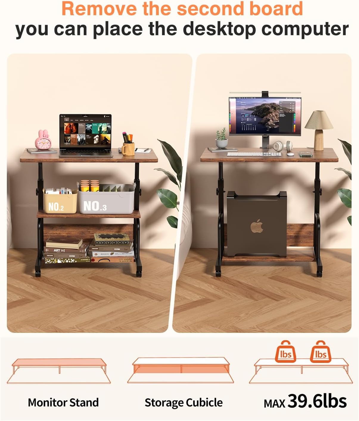 Portable Rolling Desk on Wheels Small Standing Desk Adjustable Height Desks with Wheels for Small Spaces, 32" Computer Desk with Storage Shelves for Home Office Study,Rustic - Image 7