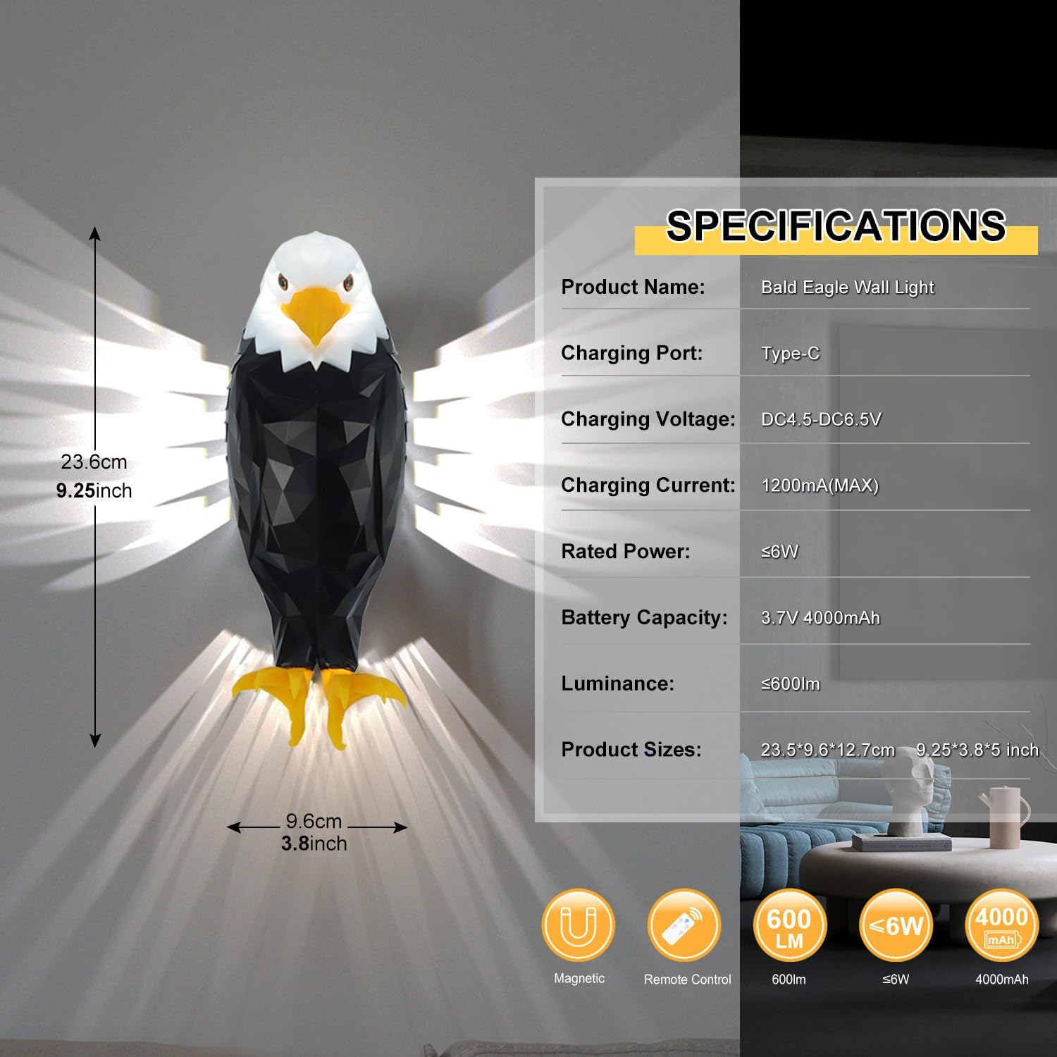 Bald Eagle Wall Light,with Remote Control,Magnetic Wall Mounted Lamp with Timer Function,Ideal for Bedroom Wall Lights and Indoor Lighting,Creative Wall Lights Solution for Kids Room and Home Decor
