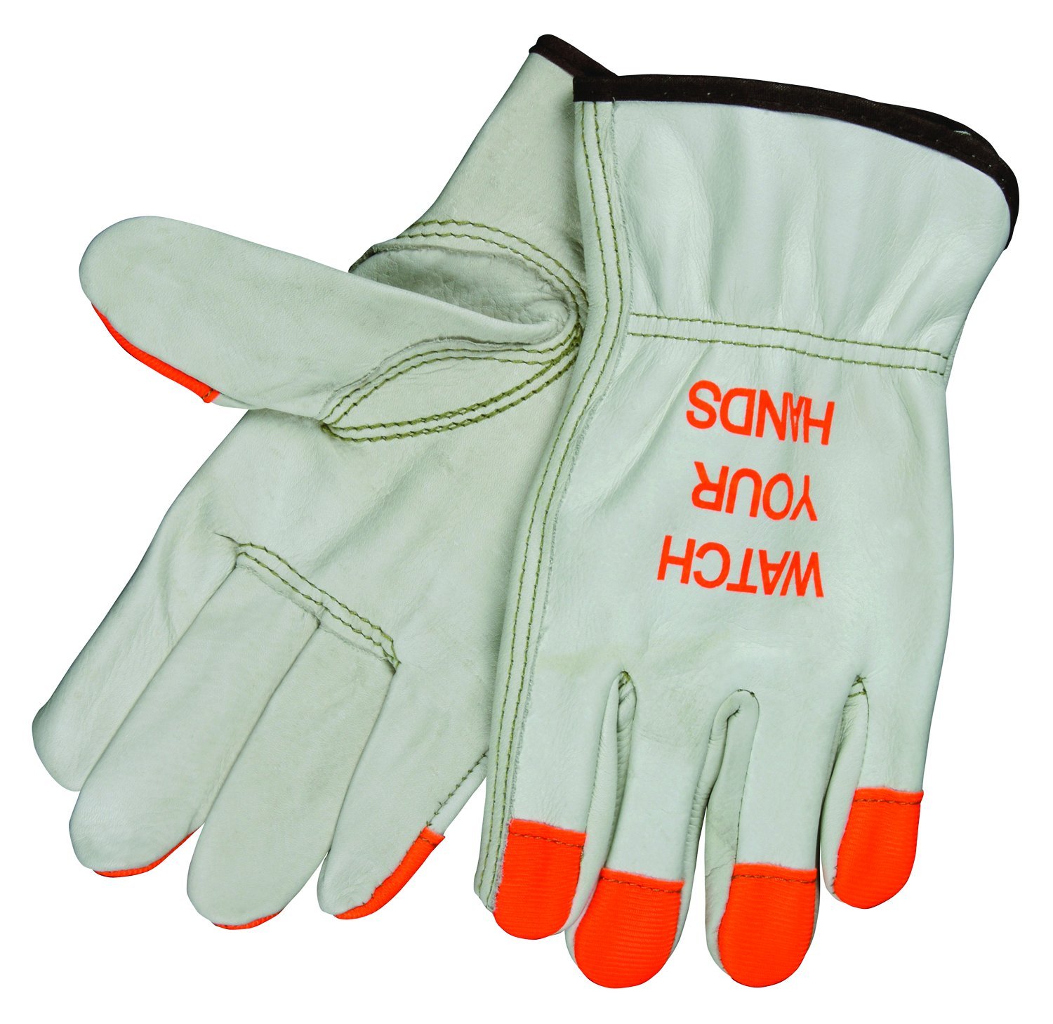 MCR Safety 3213HVIM Grain Cow Full Leather Driver Industry Grade Men's Gloves with High Visibility Orange Fingertips, Cream, Medium, 1-Pair