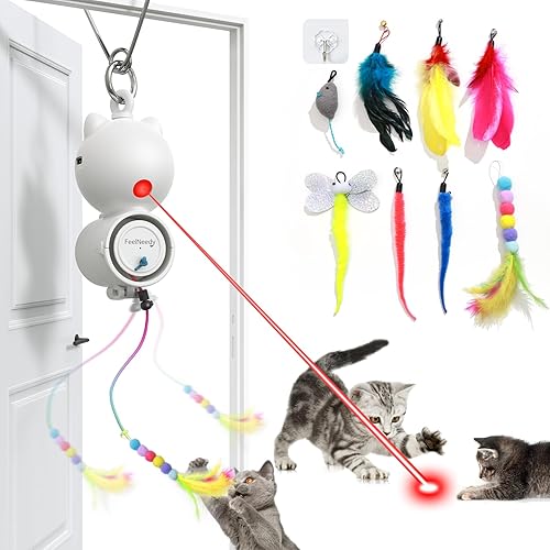 FEELNEEDY Juguetes interactivos láser para gatos, luz LED, 8 piezas de repuesto con recambios de campana, juguete de plumas y ratón, juguetes
