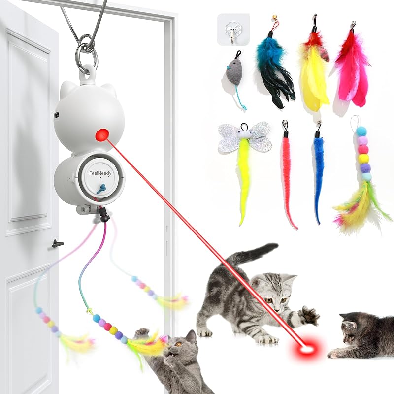 Brinquedo Interativo para Gatos com Luz LED, Penas e Rato, FEELNEEDY E7, Pacote com 8 Refis, Prata