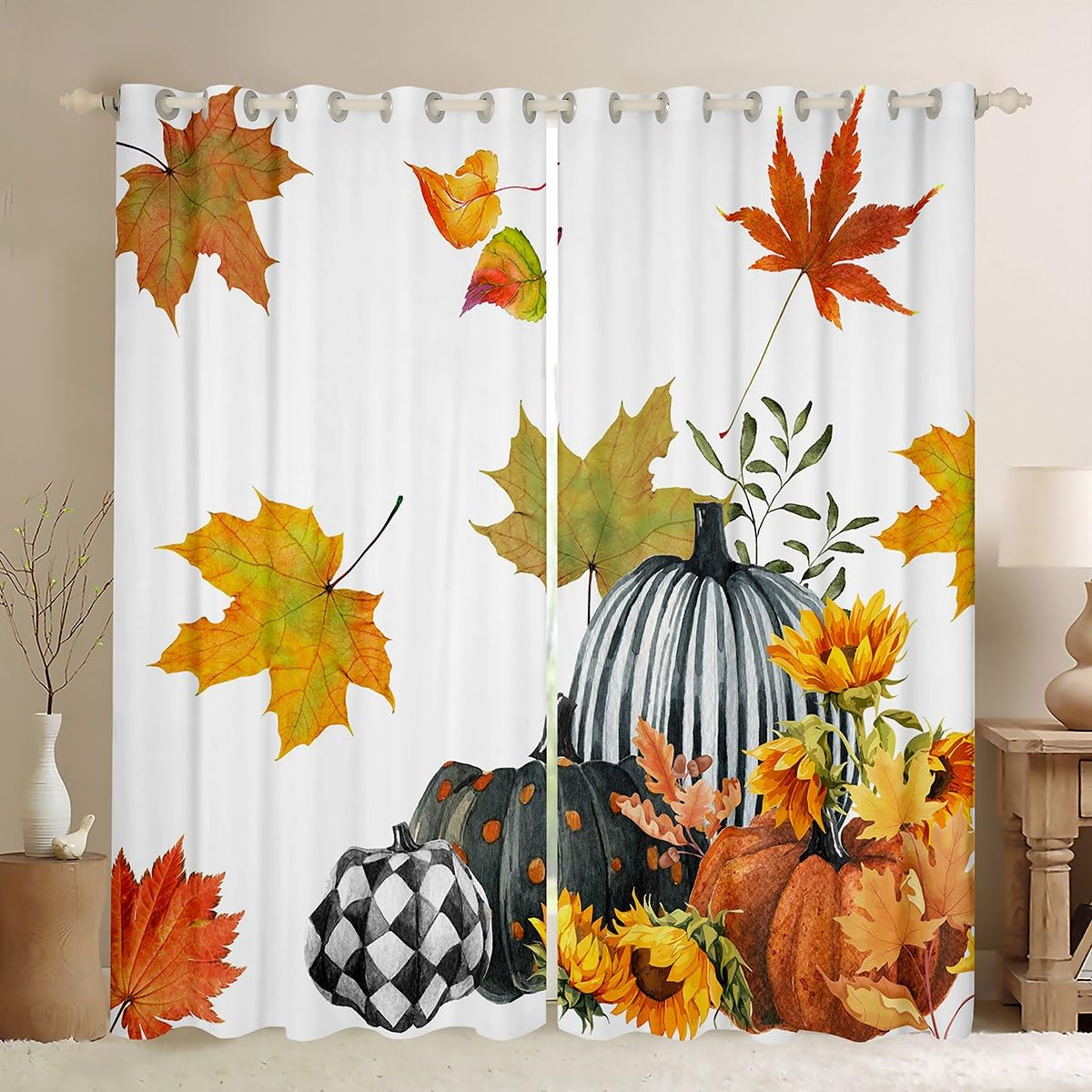 Homemissing Fall Pumpkin Curtains for Bedroom Living Room Autumn Harvest Maple Leaves 30%-50% Blackout Curtains Thanksgiving Fall Window Drapes White Window Treatments W52*L90